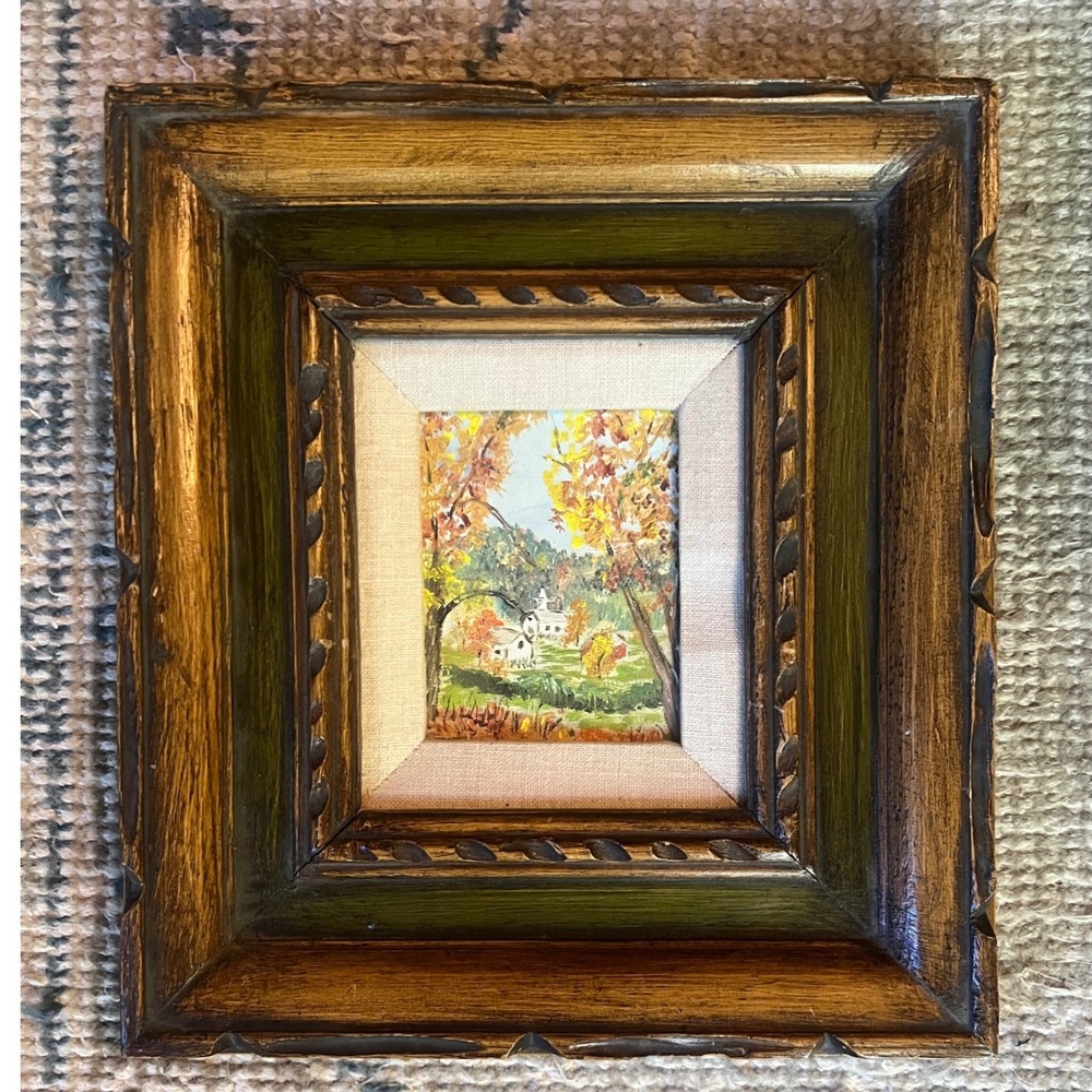 Vintage Miniature Oil Painting Autumn Landscape Church Ornate Wood Frame 13x12